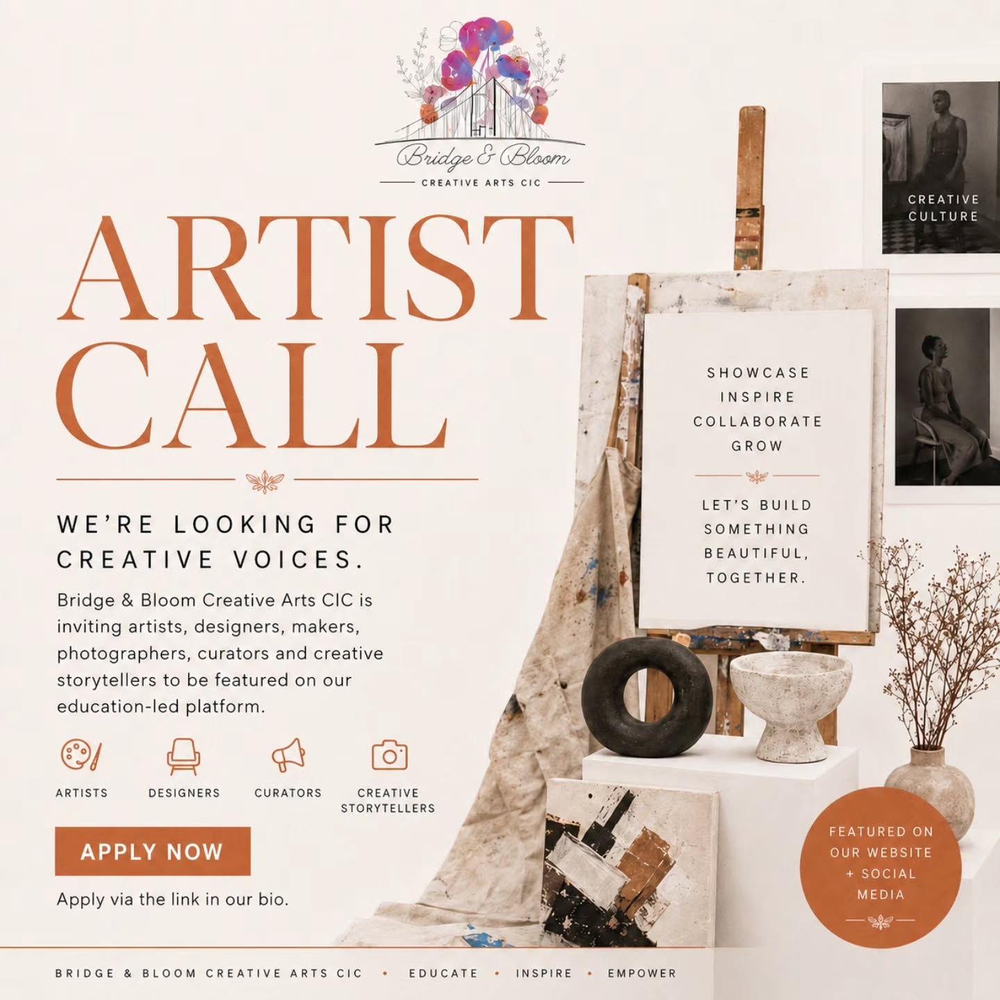 Bridge & Bloom Artist Call poster inviting artists, designers, makers, photographers, curators and creative storytellers to apply.